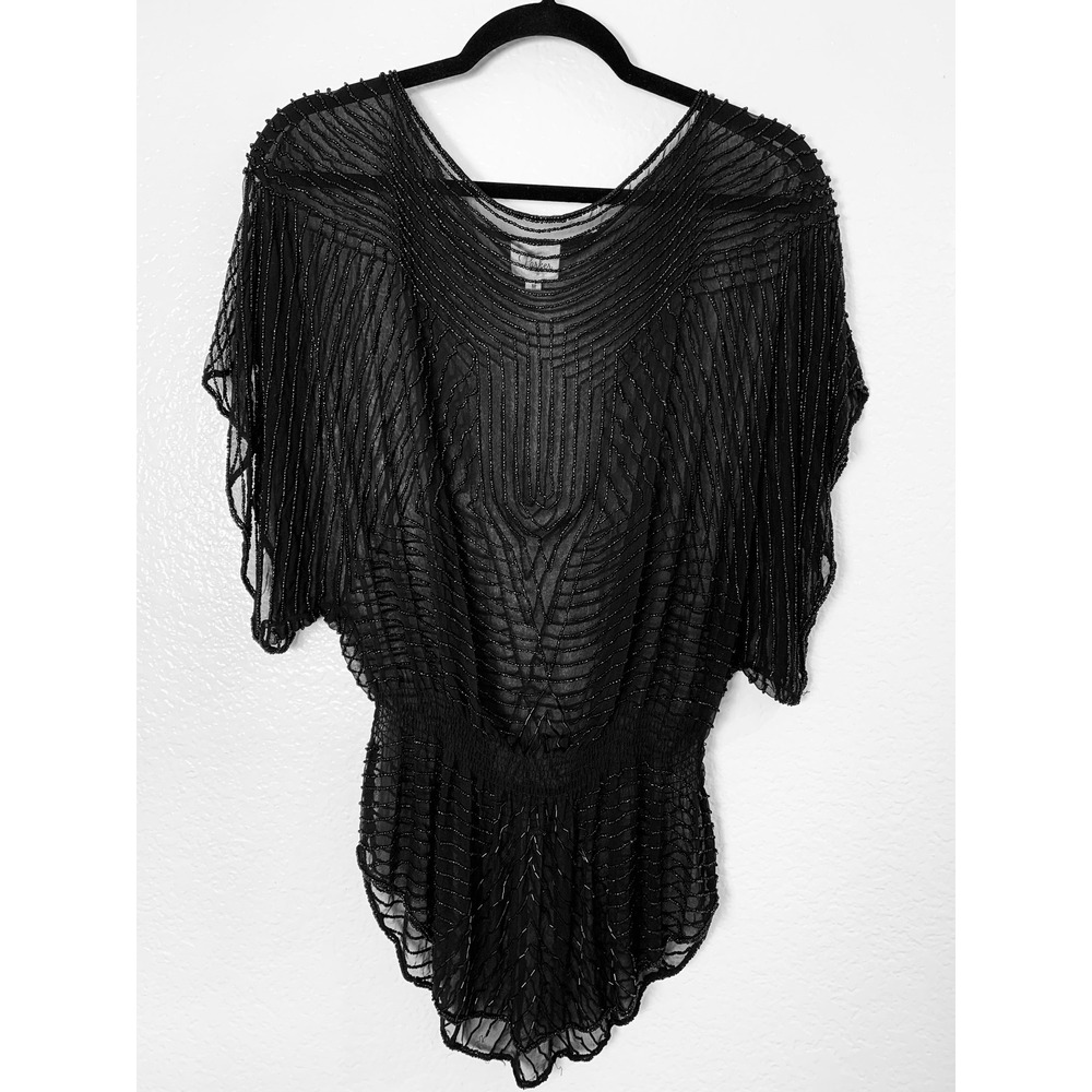 Parker Beaded Blouse Womens Medium Black Silk Sheer Art Deco Gatsby Whimsigoth